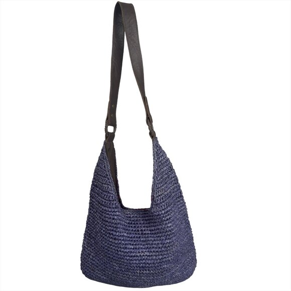 J.JILL Woven Straw Shoulder Bag Blue Boho Hobo Tote Leather Strap - Picture 2 of 10